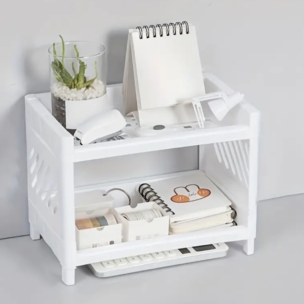 White Plastic Desktop Storage Rack -Multi-Functional Rectangular Organizer Shelf - Picture 1 of 8